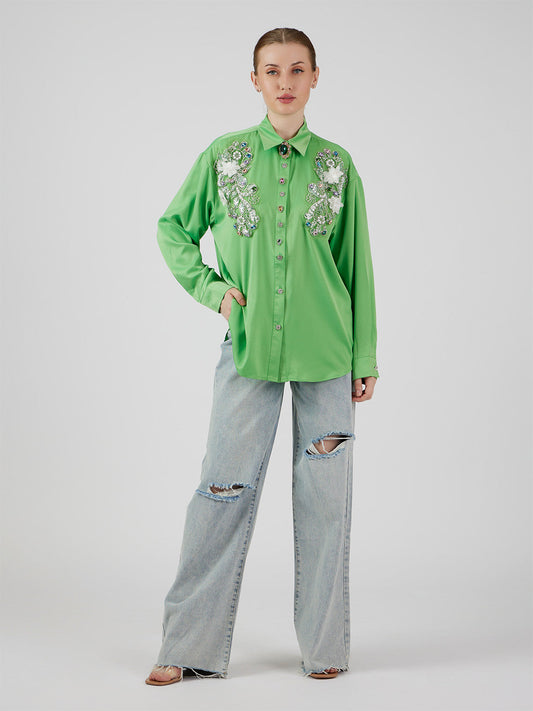 Posy' Appliqué Green Shirt