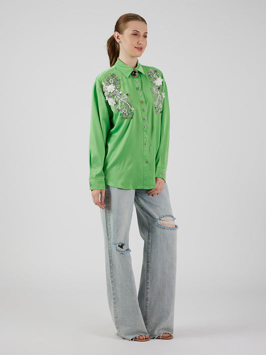 Posy' Appliqué Green Shirt