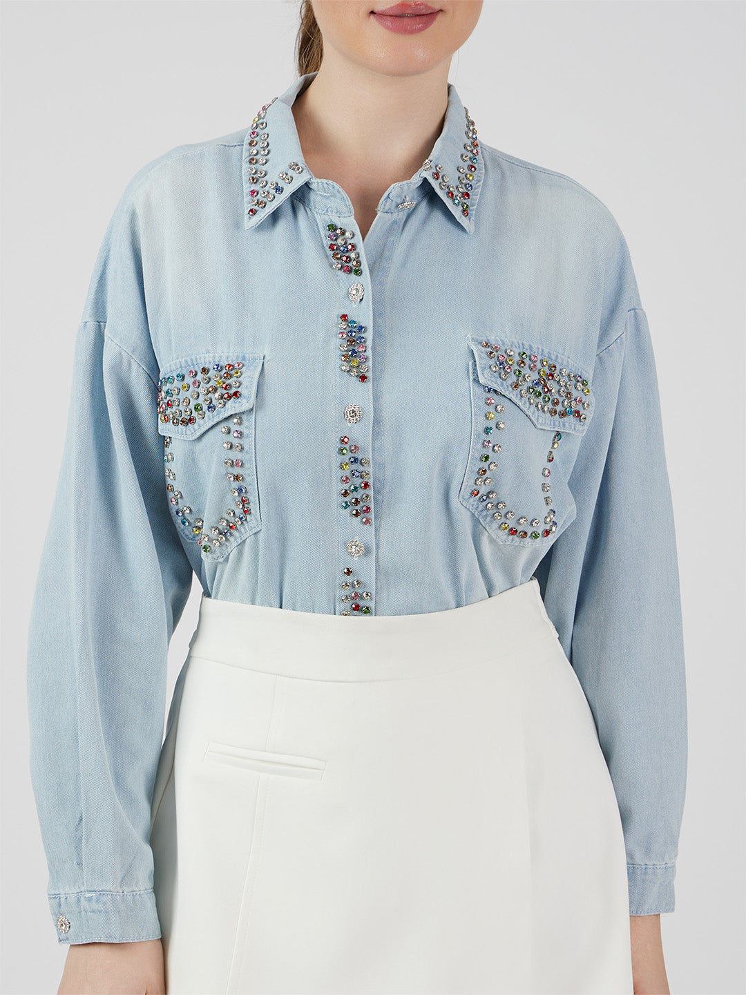 Rhinestone Embellished Denim Shirt