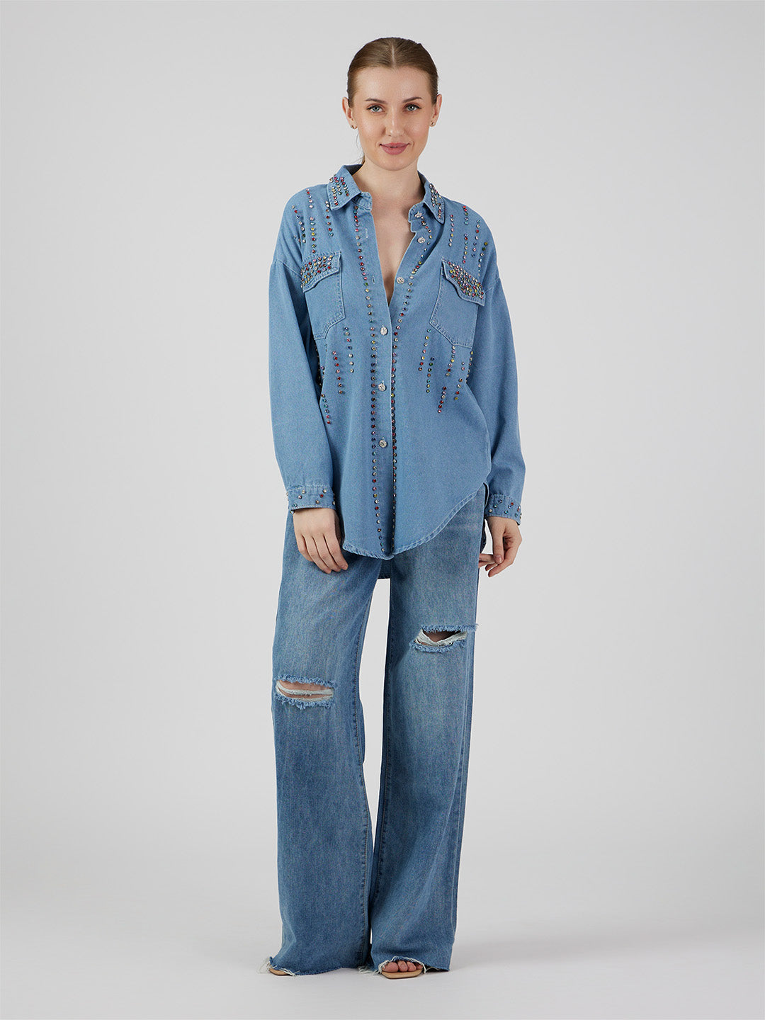 Renee' Multicolour Rhinestones Denim Shirt