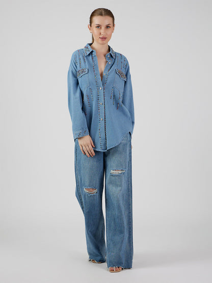 Renee' Multicolour Rhinestones Denim Shirt