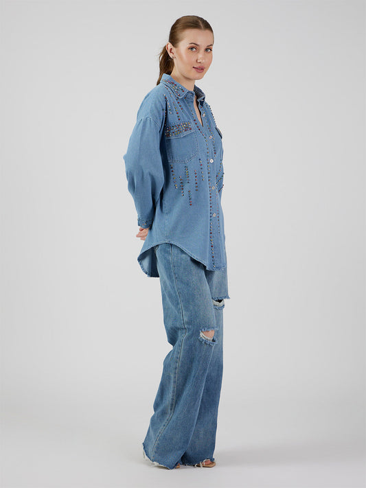 Renee' Multicolour Rhinestones Denim Shirt