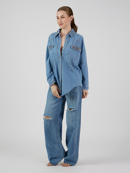 Renee' Multicolour Rhinestones Denim Shirt