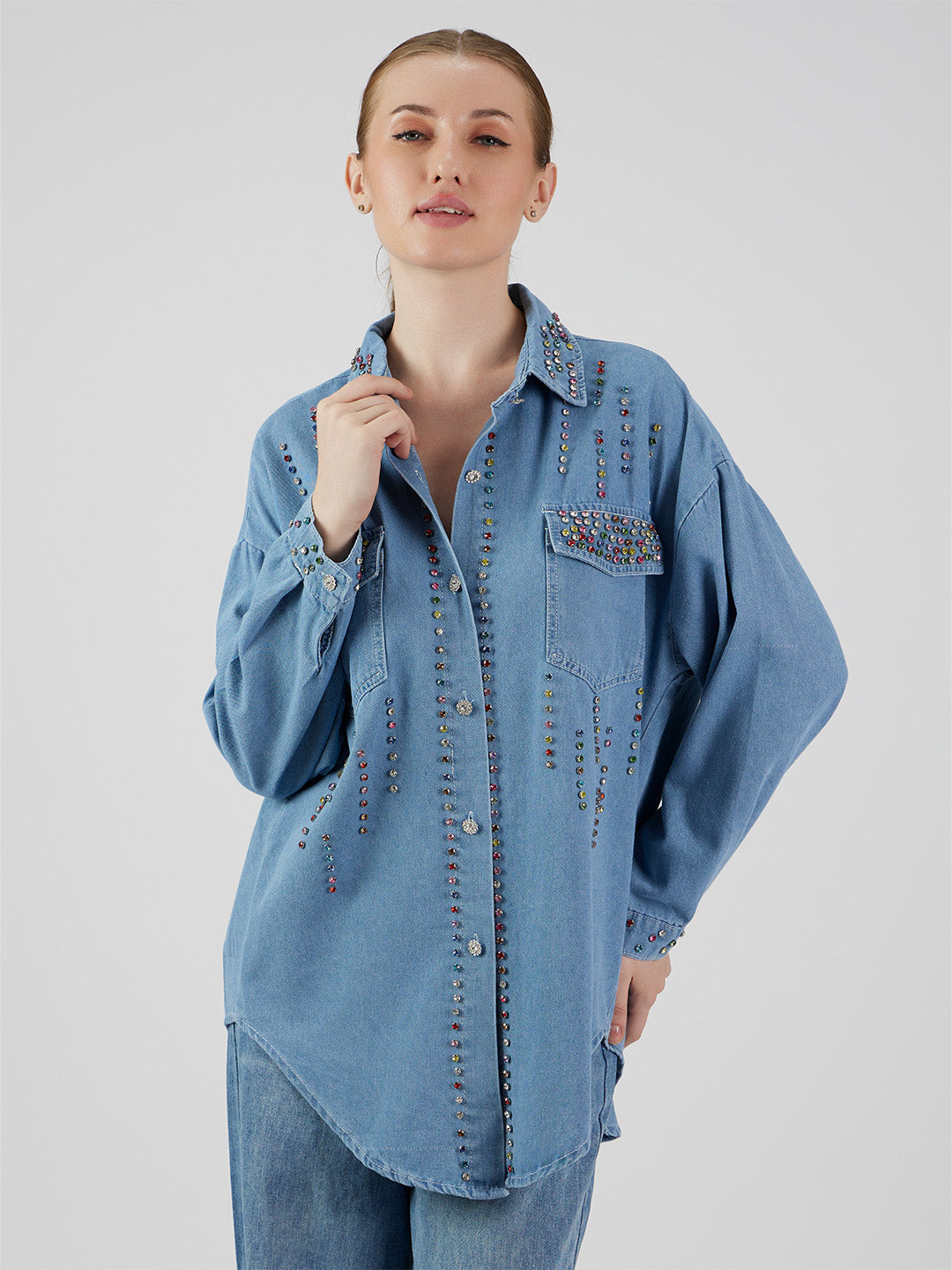 Renee' Multicolour Rhinestones Denim Shirt