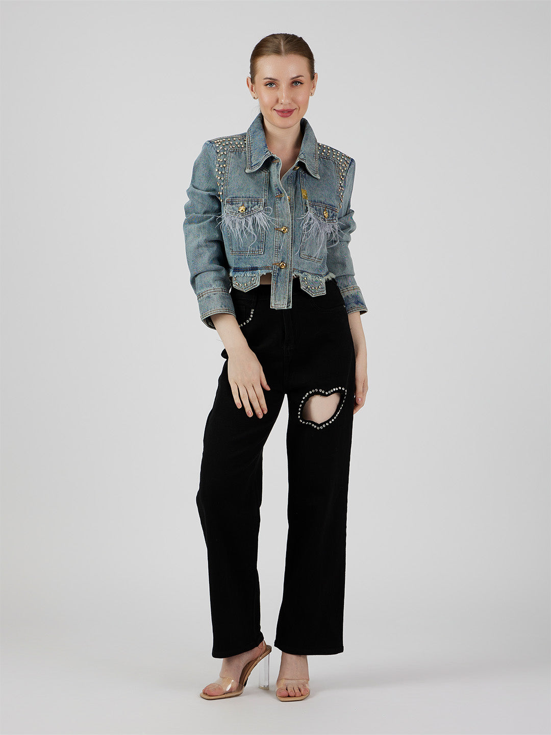 Feather Cropped Denim Jacket