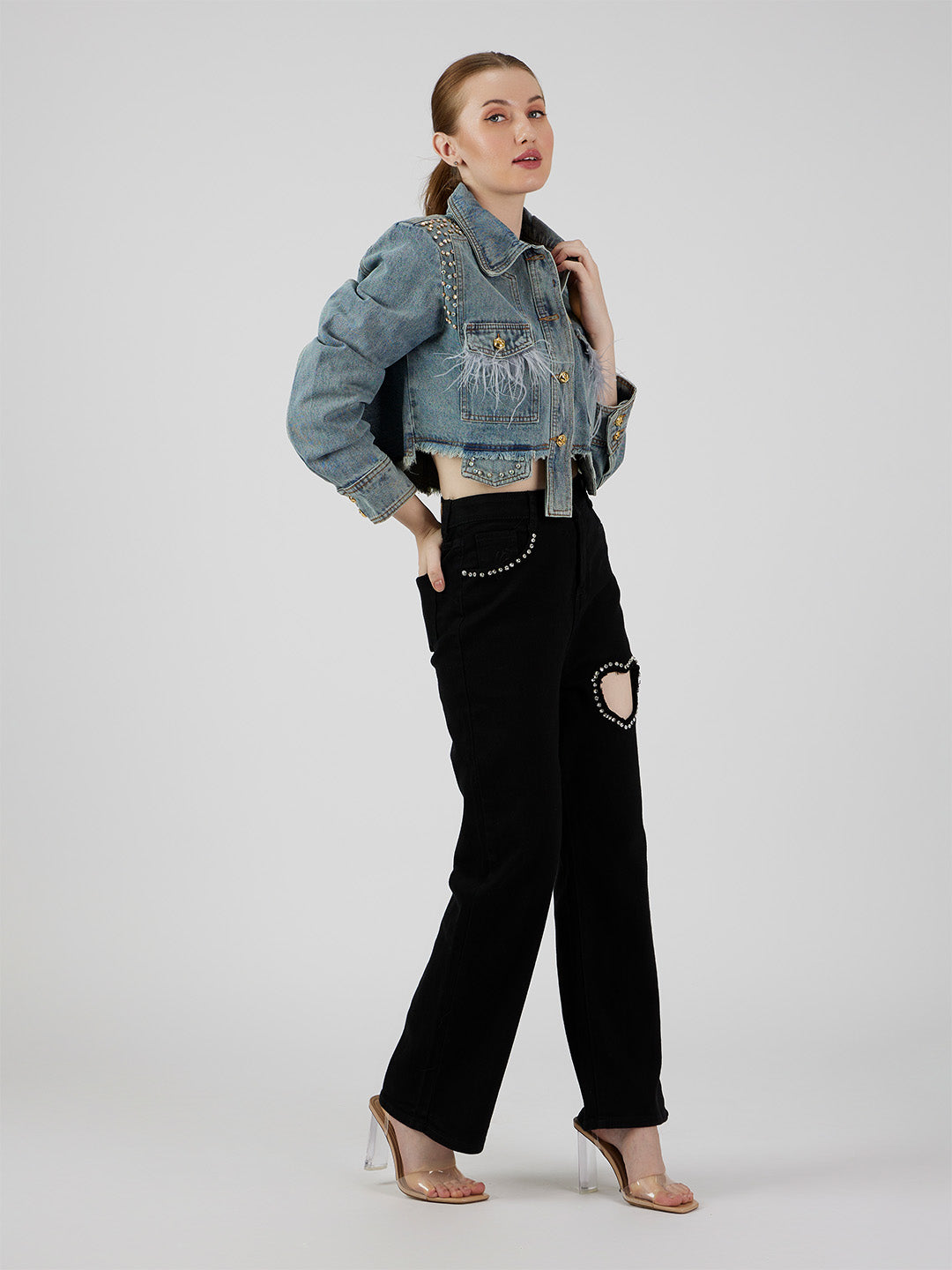 Feather Cropped Denim Jacket