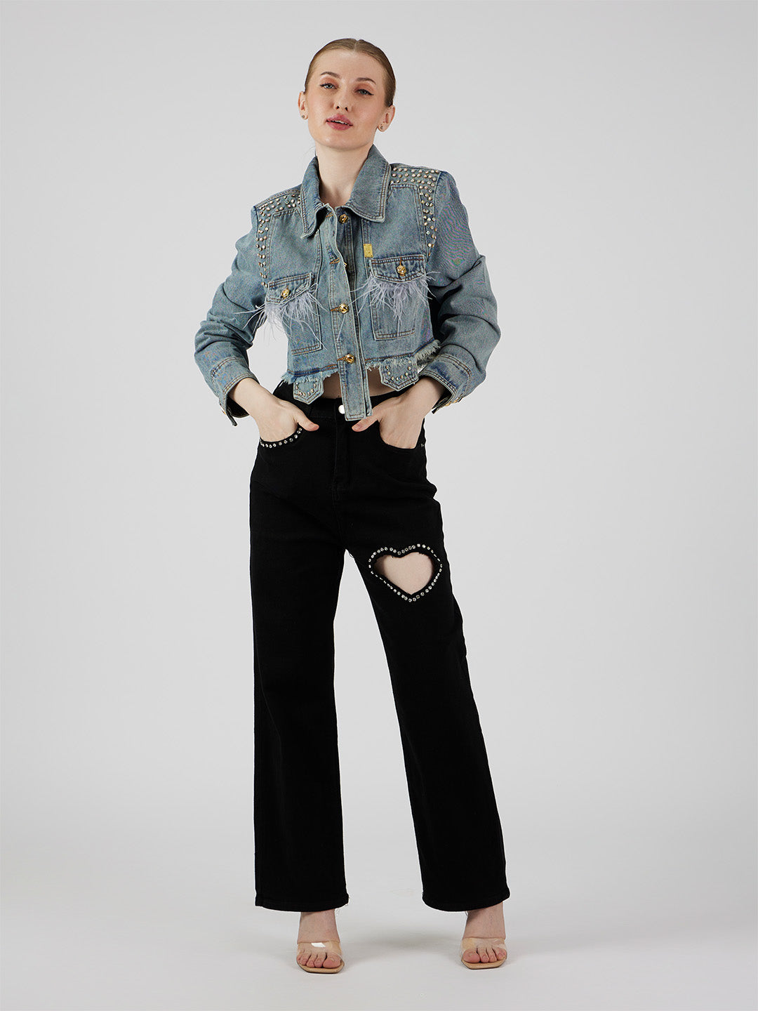 Feather Cropped Denim Jacket