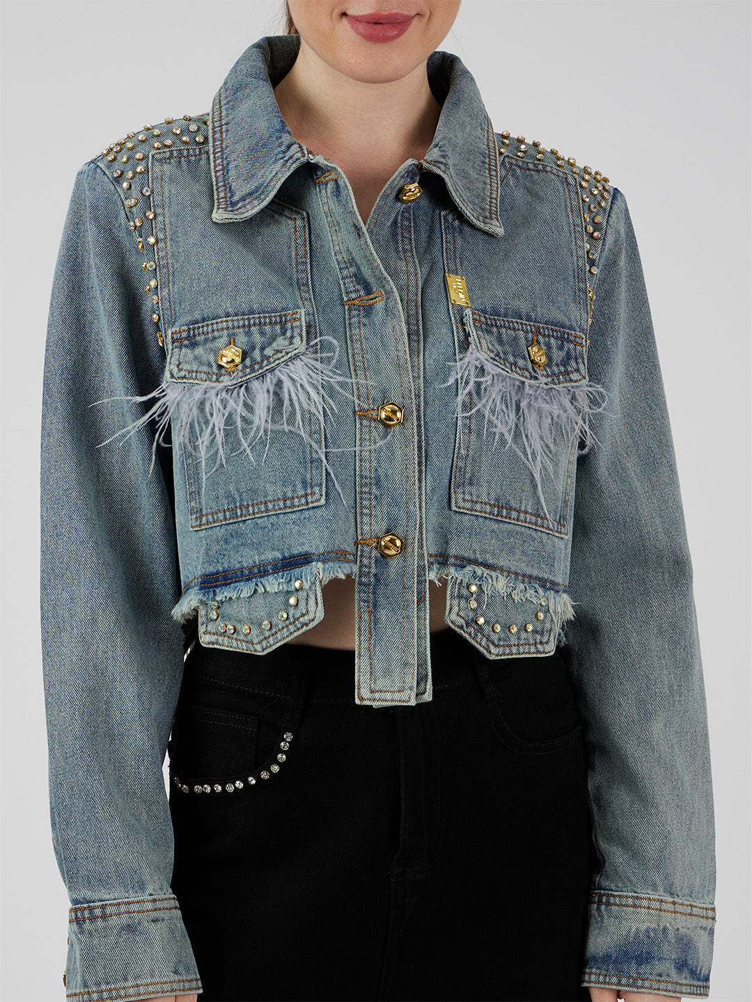 Feather Cropped Denim Jacket